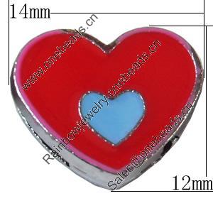 Slider, Zinc Alloy Bracelet Findinds, Heart, 14x12mm, Interior Diameter:8mm, Sold by Bag