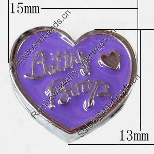 Slider, Zinc Alloy Bracelet Findinds, Heart, 15x13mm, Interior Diameter:8mm, Sold by Bag