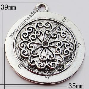 Pendant, Zinc Alloy Jewelry Findings, Flat Round 35x39mm Hole:3mm, Sold by Bag