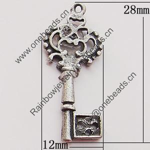 Pendant, Zinc Alloy Jewelry Findings, Key 12x28mm, Sold by Bag