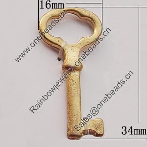 Pendant, Zinc Alloy Jewelry Findings, Key 16x34mm, Sold by Bag