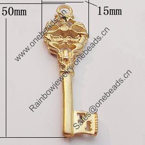 Pendant, Zinc Alloy Jewelry Findings, Key 15x50mm, Sold by Bag