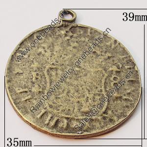Pendant, Zinc Alloy Jewelry Findings, Flat Round 35x39mm, Sold by Bag