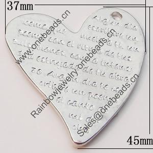 Pendant, Zinc Alloy Jewelry Findings, Heart 37x45mm, Sold by Bag