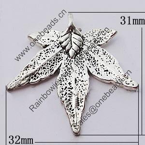 Pendant, Zinc Alloy Jewelry Findings, Leaf 32x31mm, Sold by Bag