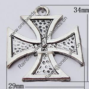 Pendant, Zinc Alloy Jewelry Findings, Cross 29x34mm, Sold by Bag