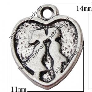Pendant, Zinc Alloy Jewelry Findings, Heart 11x14mm, Sold by Bag