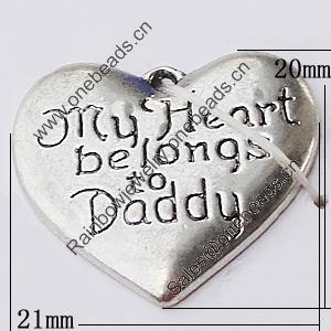 Pendant, Zinc Alloy Jewelry Findings, Heart 21x20mm, Sold by Bag