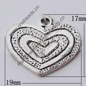 Pendant, Zinc Alloy Jewelry Findings, Heart 19x17mm, Sold by Bag