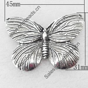 Pendant, Zinc Alloy Jewelry Findings, Butterfly, 45x31mm, Sold by Bag