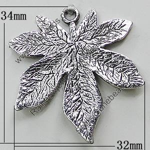 Pendant, Zinc Alloy Jewelry Findings, Leaf 32x34mm, Sold by Bag