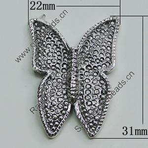 Pendant, Zinc Alloy Jewelry Findings, Butterfly 22x31mm, Sold by Bag