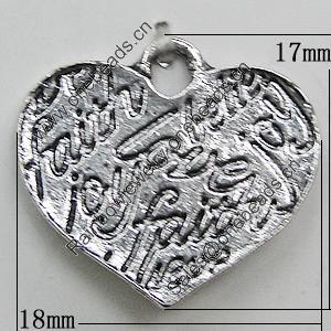 Pendant, Zinc Alloy Jewelry Findings, Heart 18x17mm, Sold by Bag