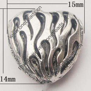 Beads, Zinc Alloy Jewelry Findings, Heart 15x14mm, Sold by Bag