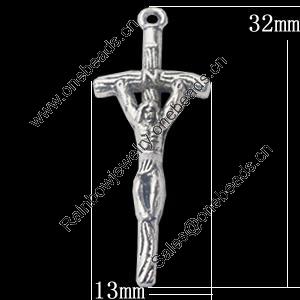 Pendant, Zinc Alloy Jewelry Findings, Cross 13x32mm, Sold by Bag