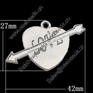 Pendant, Zinc Alloy Jewelry Findings, Heart 42x27mm, Sold by Bag