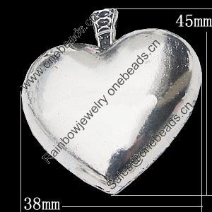 Pendant, Zinc Alloy Jewelry Findings, Heart 38x45mm, Sold by Bag