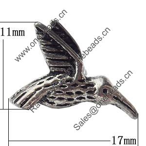Beads, Zinc Alloy Jewelry Findings, Bird 17x11mm Hole:2mm, Sold by Bag  
