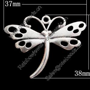 Pendant, Zinc Alloy Jewelry Findings, Dragonfly 37x38mm, Sold by Bag