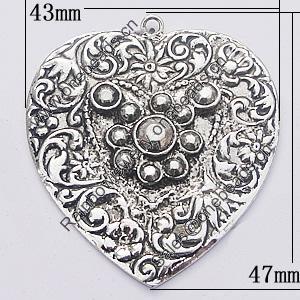 Pendant, Zinc Alloy Jewelry Findings, Heart 43x47mm, Sold by Bag