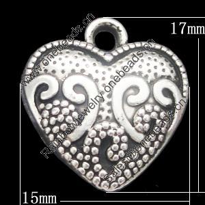 Pendant, Zinc Alloy Jewelry Findings, Heart 15x17mm, Sold by Bag  