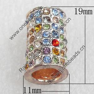 Zinc Alloy with Rhinestone Beads，Tube, 11x19mm，Hole:7mm, Sold by PC  