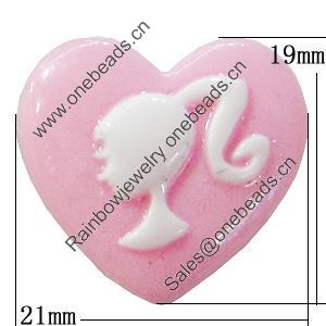 Resin Cabochons, No-Hole Jewelry findings, Heart 21x19mm, Sold by Bag  