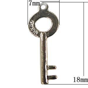 Pendant, Zinc Alloy Jewelry Findings, Key 7x18mm, Sold by Bag