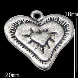 Pendant, Zinc Alloy Jewelry Findings, Heart 20x18mm, Sold by Bag