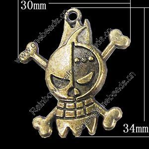 Pendant, Zinc Alloy Jewelry Findings, Skeleton 30x34mm, Sold by Bag