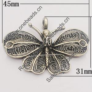 Pendant, Zinc Alloy Jewelry Findings, Butterfly 45x31mm Hole:5mm, Sold by Bag