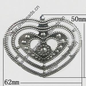 Iron Jewelry Finding Pendant Lead-free, Heart 62x50mm, Sold by Bag