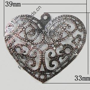 Iron Jewelry Finding Pendant Lead-free, Heart 39x33mm, Sold by Bag