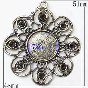 Zinc Alloy Pendant Settings, Flower, Outside diameter:48x51mm Interior diameter:17mm, Sold by PC