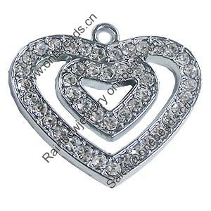 Zinc Alloy Charm/Pendant with Crystal, Heart 42x36mm, Sold by PC