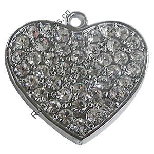 Zinc Alloy Charm/Pendant with Crystal, Heart 38x37mm, Sold by PC