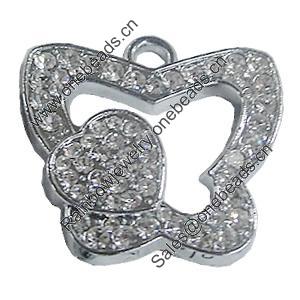 Zinc Alloy Charm/Pendant with Crystal, Hollow Butterfly 37x35mm, Sold by PC