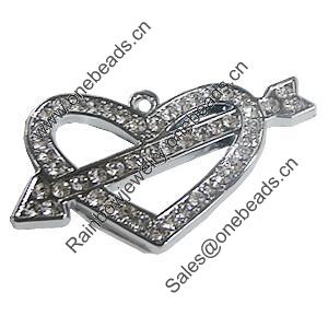 Zinc Alloy Charm/Pendant with Crystal, Heart 60x33mm, Sold by PC