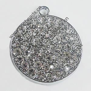 Zinc Alloy Charm/Pendant with Crystal, Flat Round 33x40mm, Sold by PC