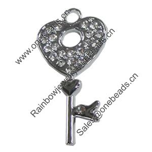 Zinc Alloy Charm/Pendant with Crystal, Key 21x41mm, Sold by PC