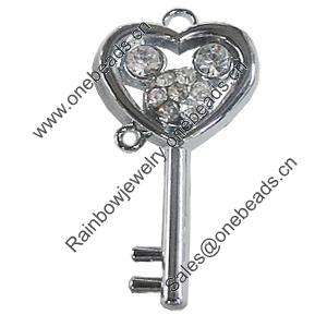 Zinc Alloy Charm/Pendant with Crystal, Key 21x41mm, Sold by PC
