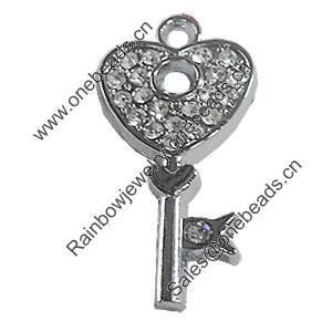Zinc Alloy Charm/Pendant with Crystal, Key 21x41mm, Sold by PC