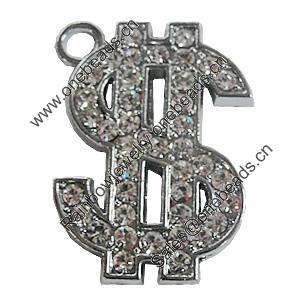 Zinc Alloy Charm/Pendant with Crystal, 26x38mm, Sold by PC