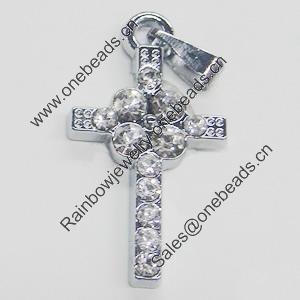 Zinc Alloy Charm/Pendant with Crystal, Cross 14x26mm, Sold by PC