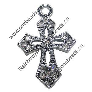 Zinc Alloy Charm/Pendant with Crystal, Cross 18x28mm, Sold by PC