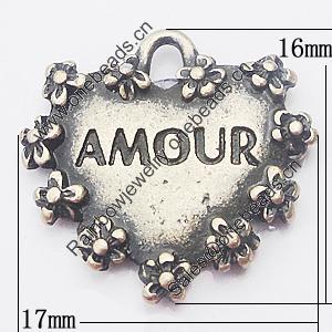 Pendant, Zinc Alloy Jewelry Findings, Heart 17x16mm, Sold by Bag