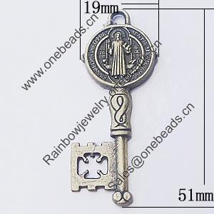 Pendant, Zinc Alloy Jewelry Findings, Key 19x51mm, Sold by Bag
