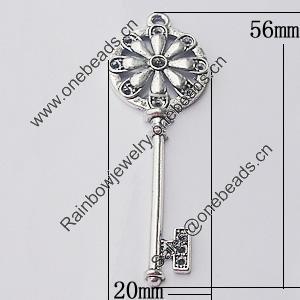 Pendant, Zinc Alloy Jewelry Findings, Key 20x56mm, Sold by Bag