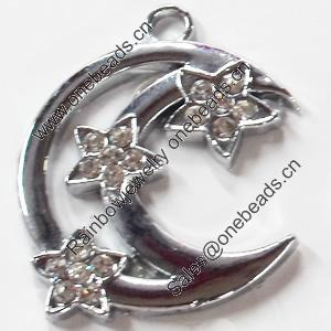 Zinc Alloy Charm/Pendant with Crystal, Moon, 32x40mm, Sold by PC