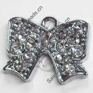 Zinc Alloy Charm/Pendant with Crystal, Bowknot, 21x17mm, Sold by PC